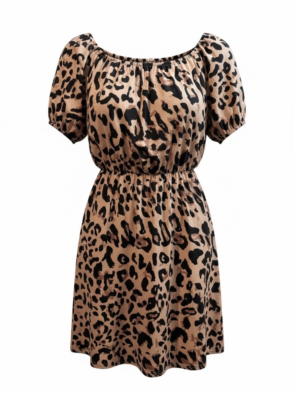 SHEIN Leopard Print Puff Sleeve Mini Dress - Brown & Black